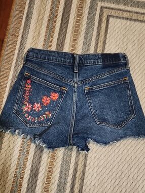 Abercrombie & Fitch Dark Blue Denim Cutoff Shorts with Floral Embroidery